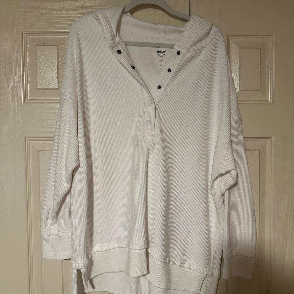 aerie white Waffle-Knit Snap Hoodie Pullover